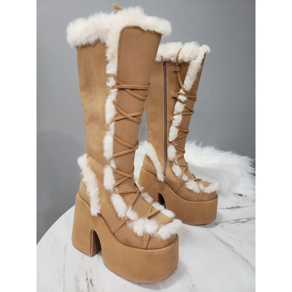 SIZE 8 DEMONIA CUBBY 311 Camel Platform Lace Up Fur Trim Mid Calf Boots RAVE
